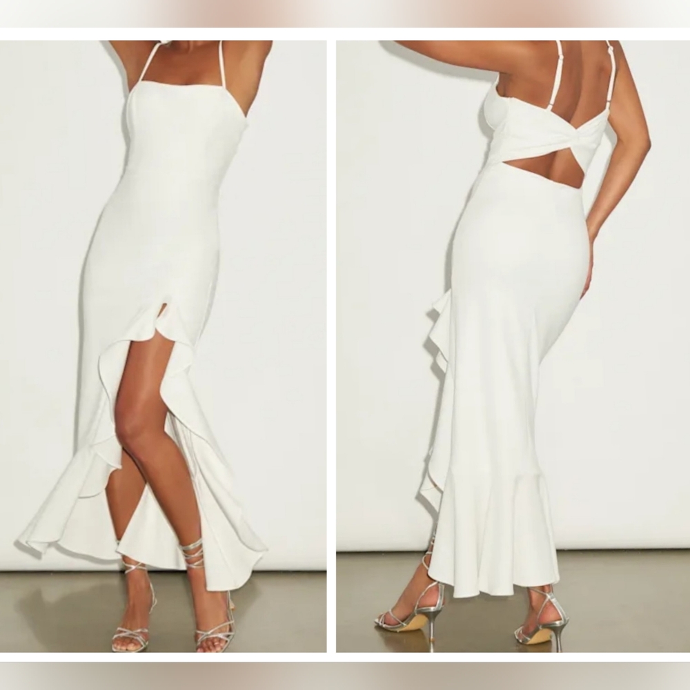 Lulus Iveta White Cutout Ruffled Sleeveless Midi Dress, Size Medium